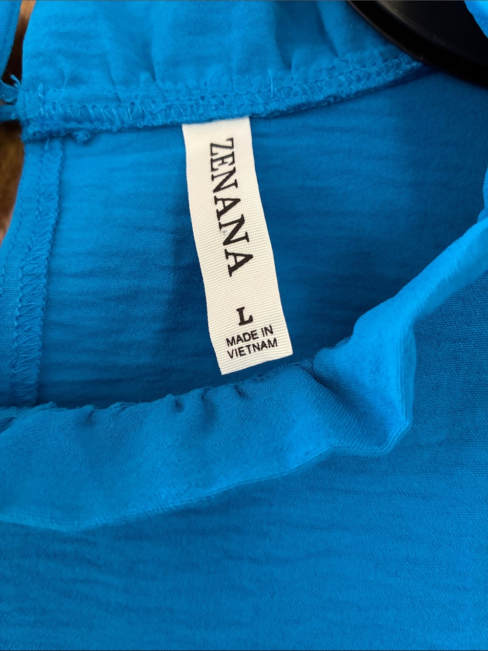 Zenana Cobalt Ruffle Neck Smocked Sleeve Blouse Size Large - Picture 2 of 3